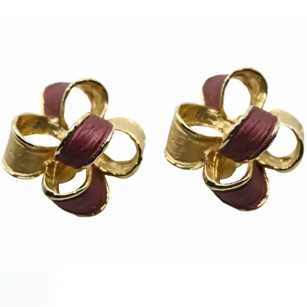 Vintage Gold Tone Burgundy Enamel Bow Clip-On Earrings 1.5